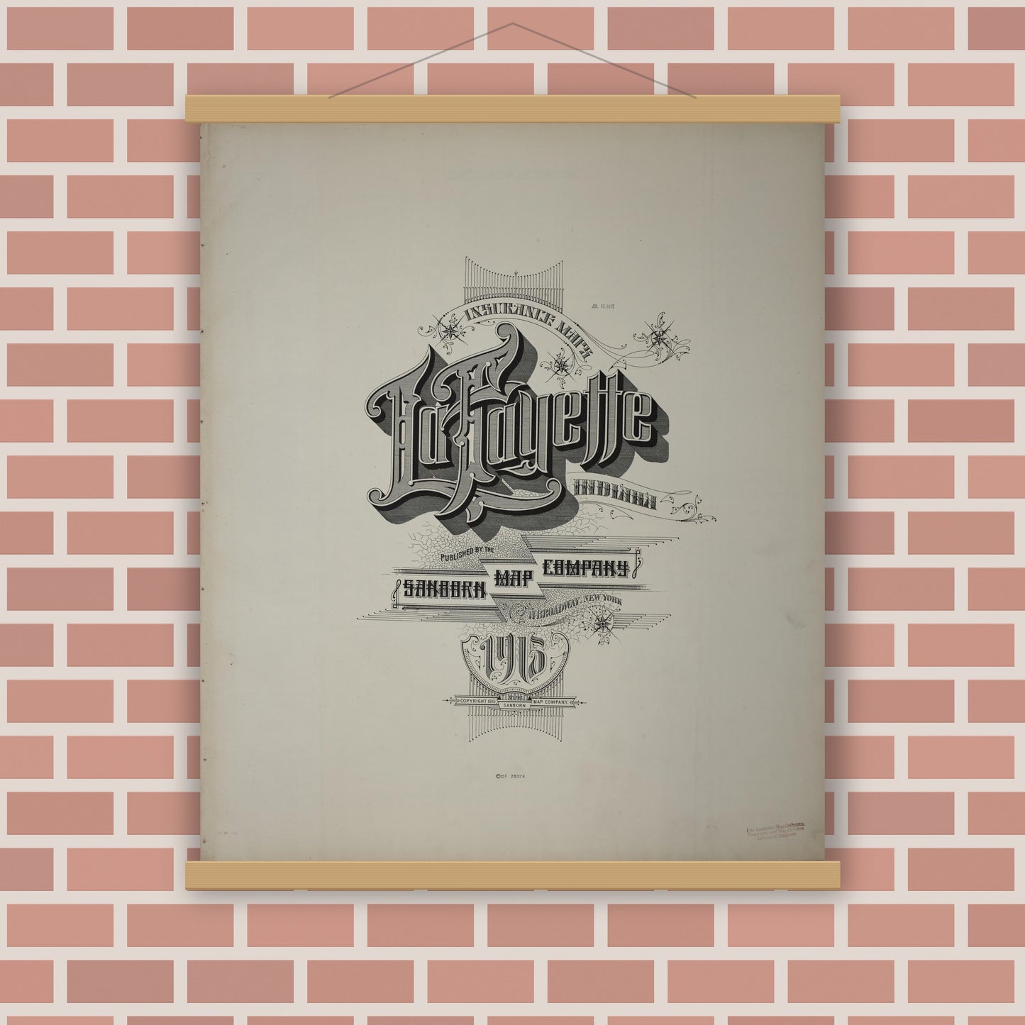 Old map wall art mockup — magnetic wood frame on brick wall — Sanborn Fire Insurance Map from Lafayette, Tippecanoe County, Indiana (1915), Sheet #0001