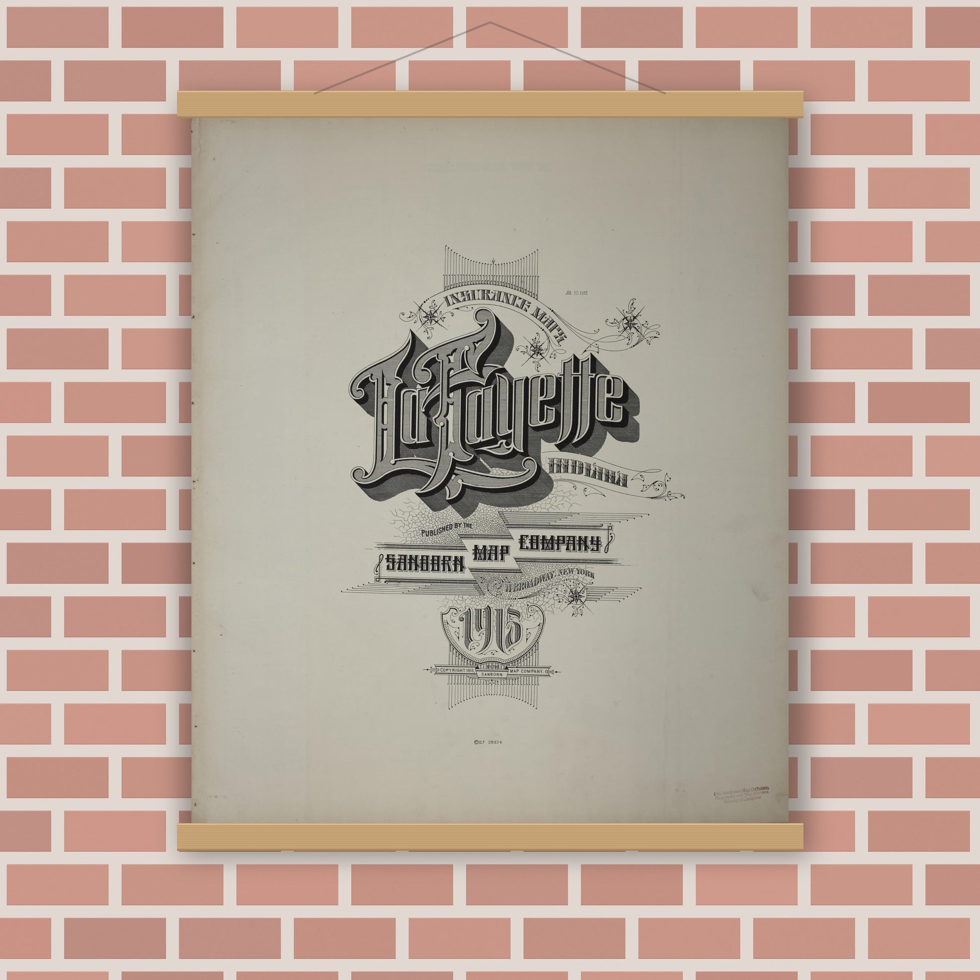 Old map wall art mockup — magnetic wood frame on brick wall — Sanborn Fire Insurance Map from Lafayette, Tippecanoe County, Indiana (1915), Sheet #0001