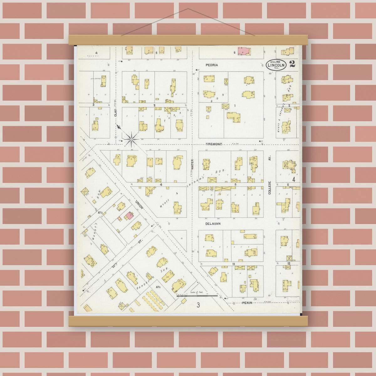 Old map wall art mockup — magnetic wood frame on brick wall — Sanborn Fire Insurance Map from Lincoln, Logan County, Illinois (1902), Sheet #0002