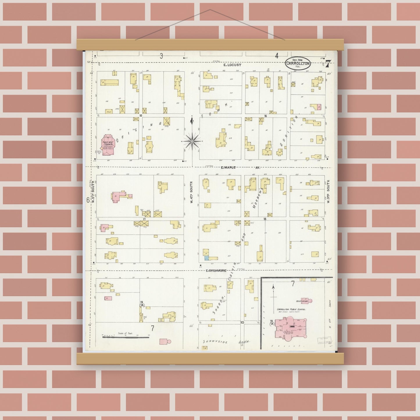 Old map wall art mockup — magnetic wood frame on brick wall — Sanborn Fire Insurance Map from Carrollton, Greene County, Illinois (1906), Sheet #0007