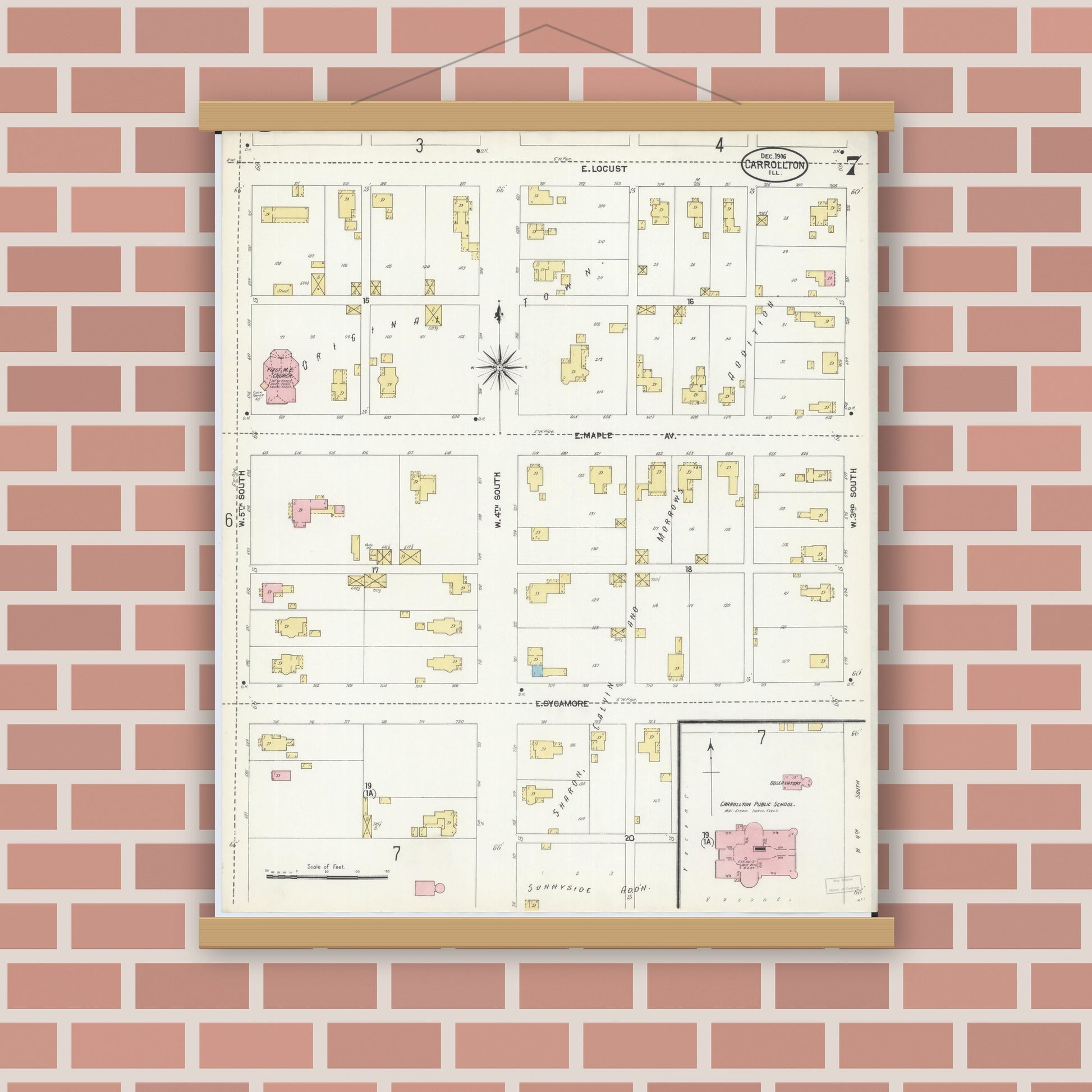 Old map wall art mockup — magnetic wood frame on brick wall — Sanborn Fire Insurance Map from Carrollton, Greene County, Illinois (1906), Sheet #0007