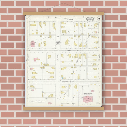 Old map wall art mockup — magnetic wood frame on brick wall — Sanborn Fire Insurance Map from Carrollton, Greene County, Illinois (1906), Sheet #0007
