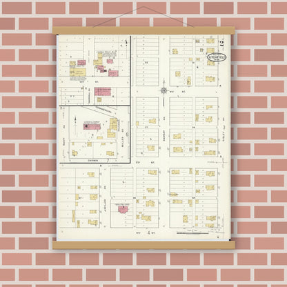 Old map wall art mockup — magnetic wood frame on brick wall — Sanborn Fire Insurance Map from Litchfield, Meeker County, Minnesota (1917), Sheet #0002