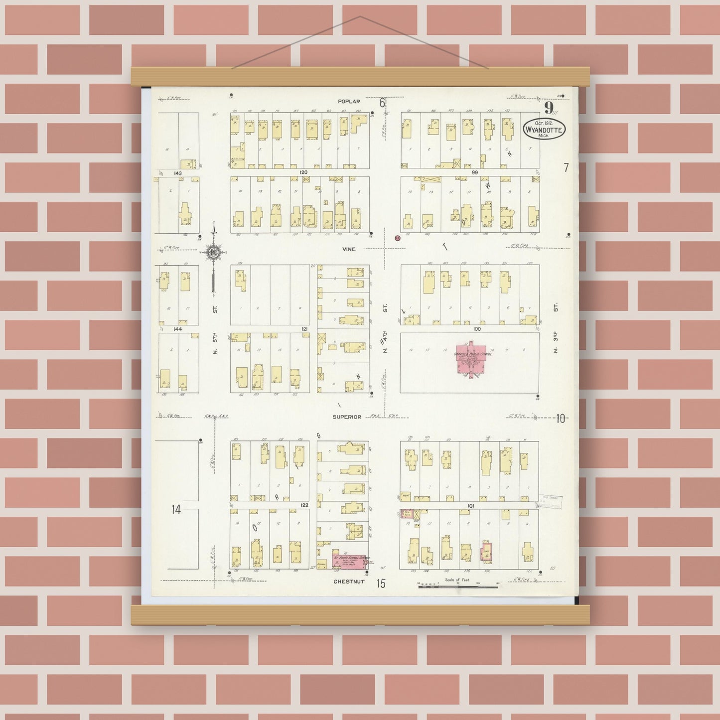 Old map wall art mockup — magnetic wood frame on brick wall — Sanborn Fire Insurance Map from Wyandotte, Wayne County, Michigan (1912), Sheet #0009
