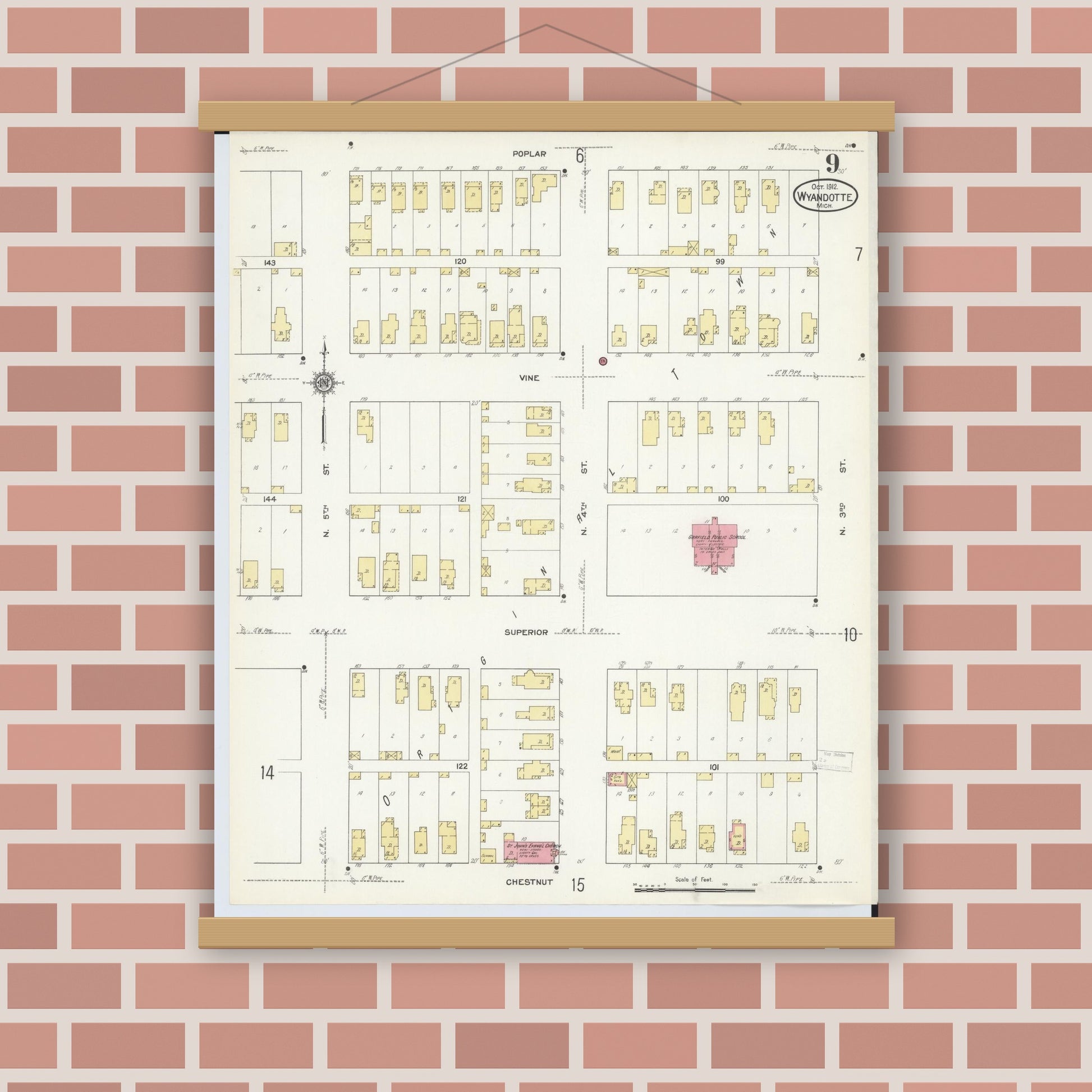 Old map wall art mockup — magnetic wood frame on brick wall — Sanborn Fire Insurance Map from Wyandotte, Wayne County, Michigan (1912), Sheet #0009
