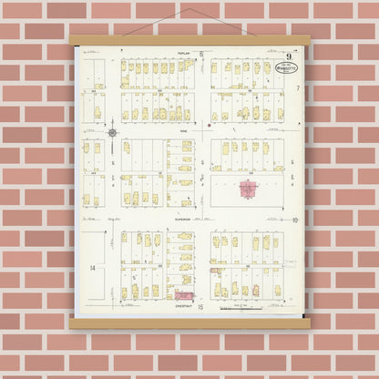 Old map wall art mockup — magnetic wood frame on brick wall — Sanborn Fire Insurance Map from Wyandotte, Wayne County, Michigan (1912), Sheet #0009