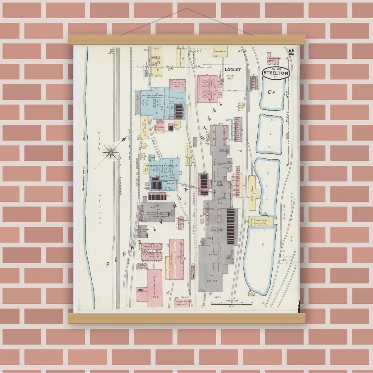 Old map wall art mockup — magnetic wood frame on brick wall — Sanborn Fire Insurance Map from Steelton, Dauphin County, Pennsylvania (1890), Sheet #0002