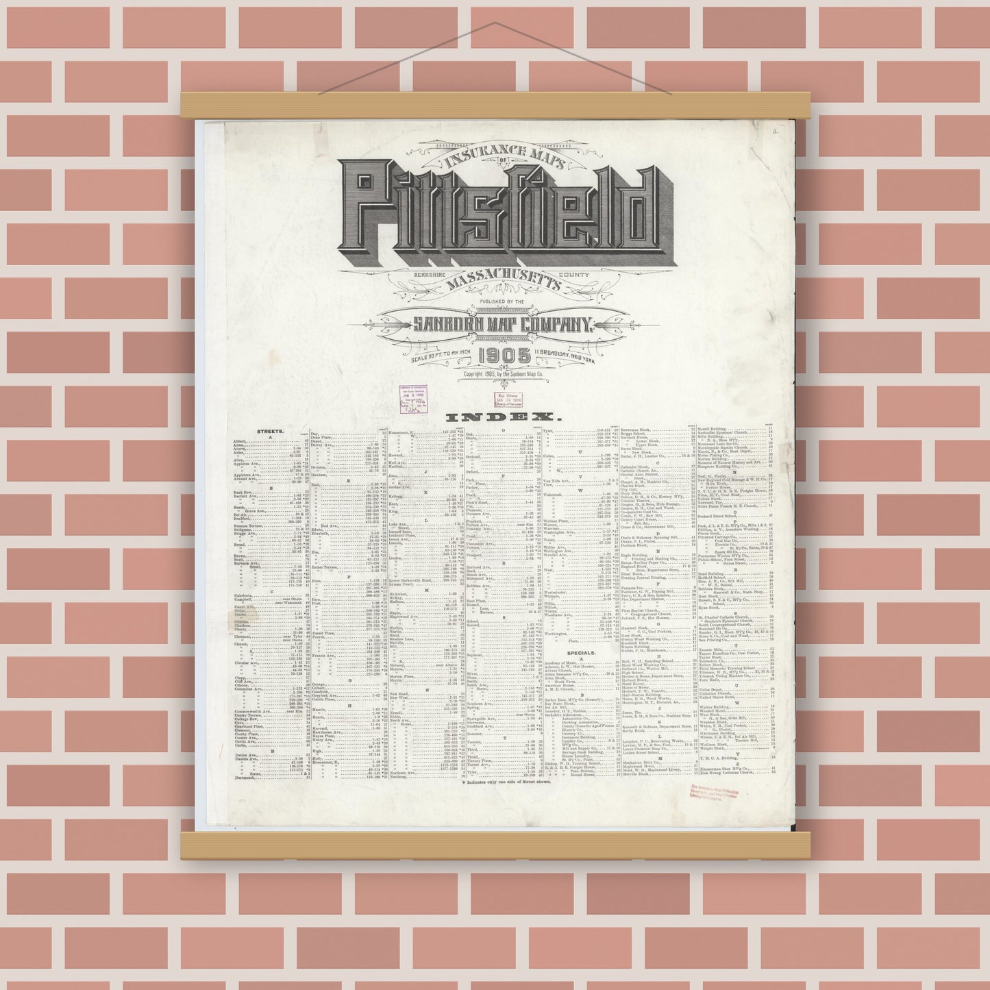 Old map wall art mockup — magnetic wood frame on brick wall — Sanborn Fire Insurance Map from Pittsfield, Berkshire County, Massachusetts (1905), Sheet #0001
