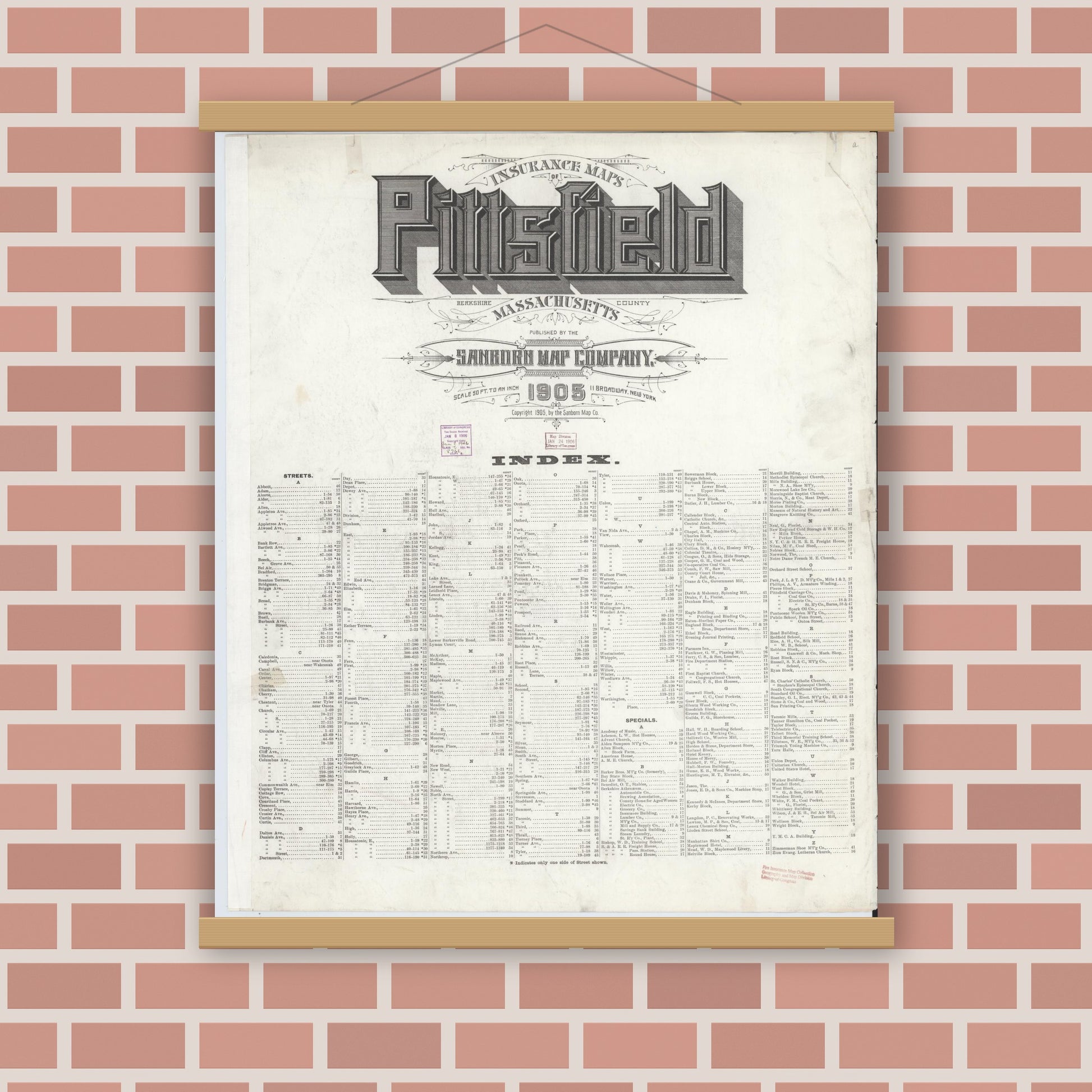 Old map wall art mockup — magnetic wood frame on brick wall — Sanborn Fire Insurance Map from Pittsfield, Berkshire County, Massachusetts (1905), Sheet #0001