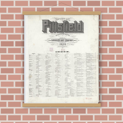 Old map wall art mockup — magnetic wood frame on brick wall — Sanborn Fire Insurance Map from Pittsfield, Berkshire County, Massachusetts (1905), Sheet #0001