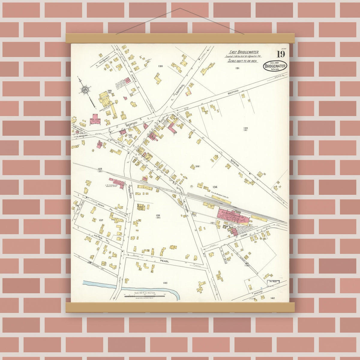 Old map wall art mockup — magnetic wood frame on brick wall — Sanborn Fire Insurance Map from Bridgewater, Plymouth County, Massachusetts (1921), Sheet #0019