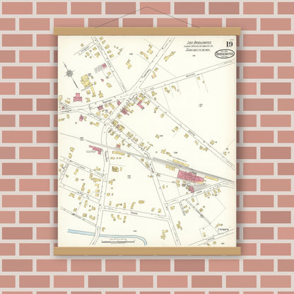 Old map wall art mockup — magnetic wood frame on brick wall — Sanborn Fire Insurance Map from Bridgewater, Plymouth County, Massachusetts (1921), Sheet #0019