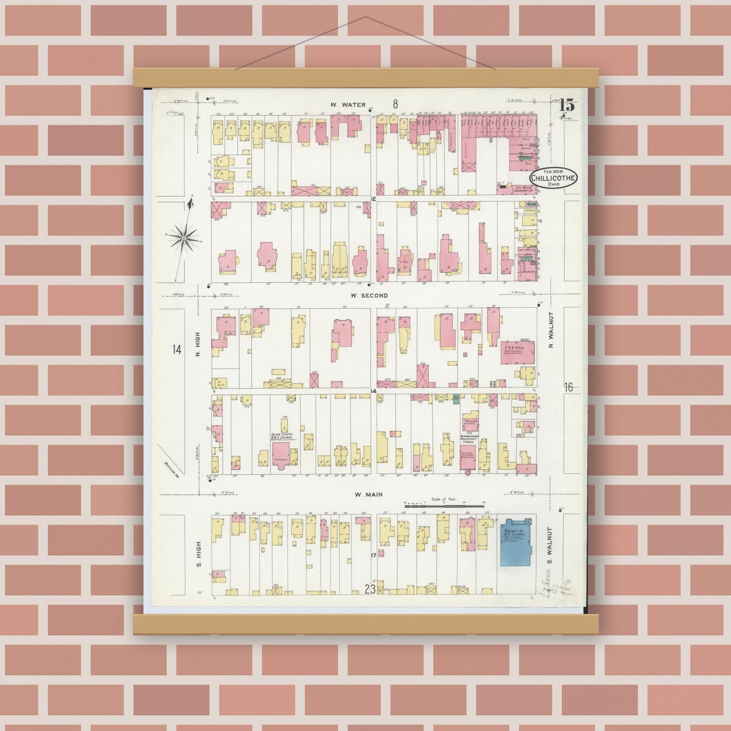 Old map wall art mockup — magnetic wood frame on brick wall — Sanborn Fire Insurance Map from Chillicothe, Ross County, Ohio (1909), Sheet #0015