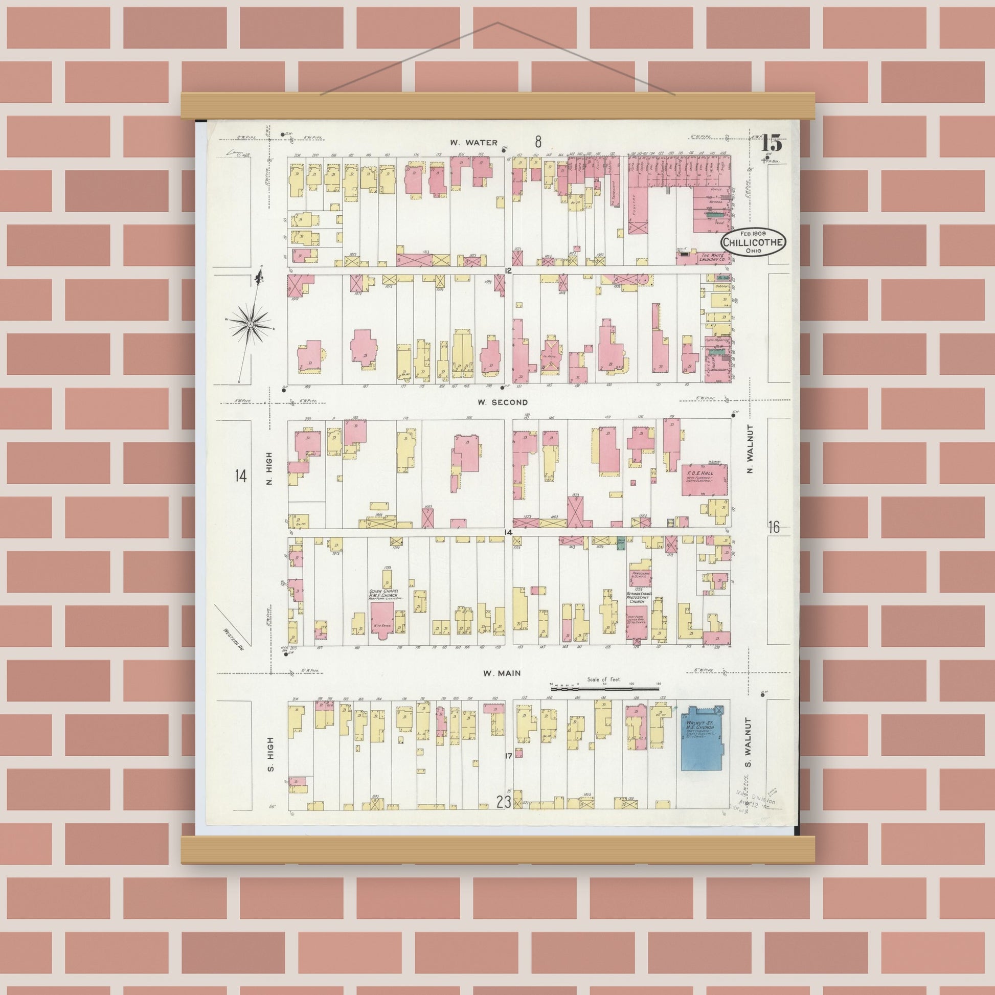 Old map wall art mockup — magnetic wood frame on brick wall — Sanborn Fire Insurance Map from Chillicothe, Ross County, Ohio (1909), Sheet #0015