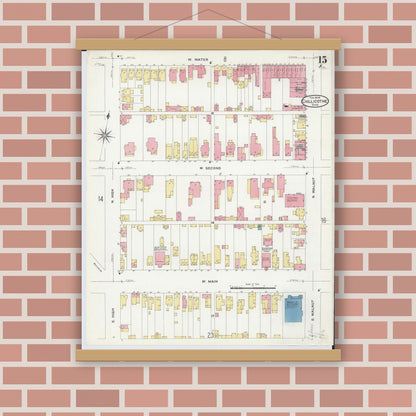 Old map wall art mockup — magnetic wood frame on brick wall — Sanborn Fire Insurance Map from Chillicothe, Ross County, Ohio (1909), Sheet #0015