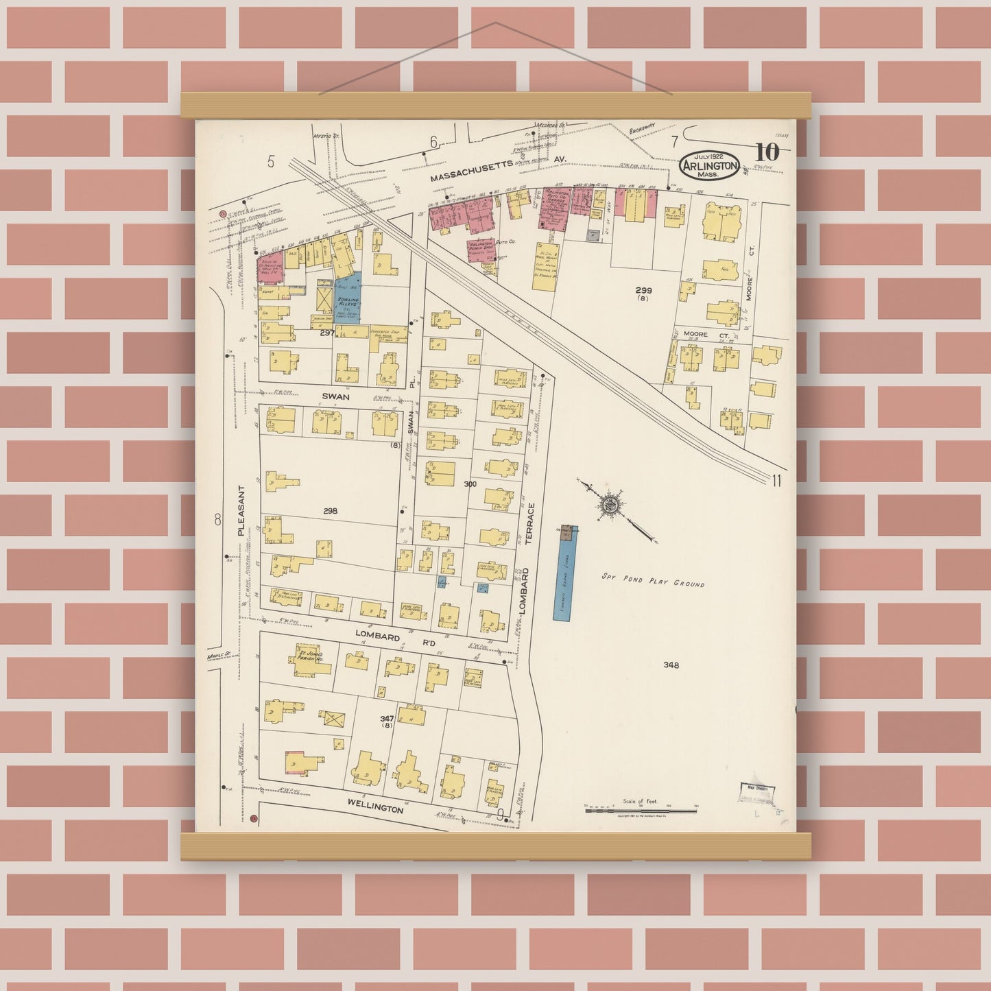 Old map wall art mockup — magnetic wood frame on brick wall — Sanborn Fire Insurance Map from Arlington, Middlesex County, Massachusetts (1922), Sheet #0010