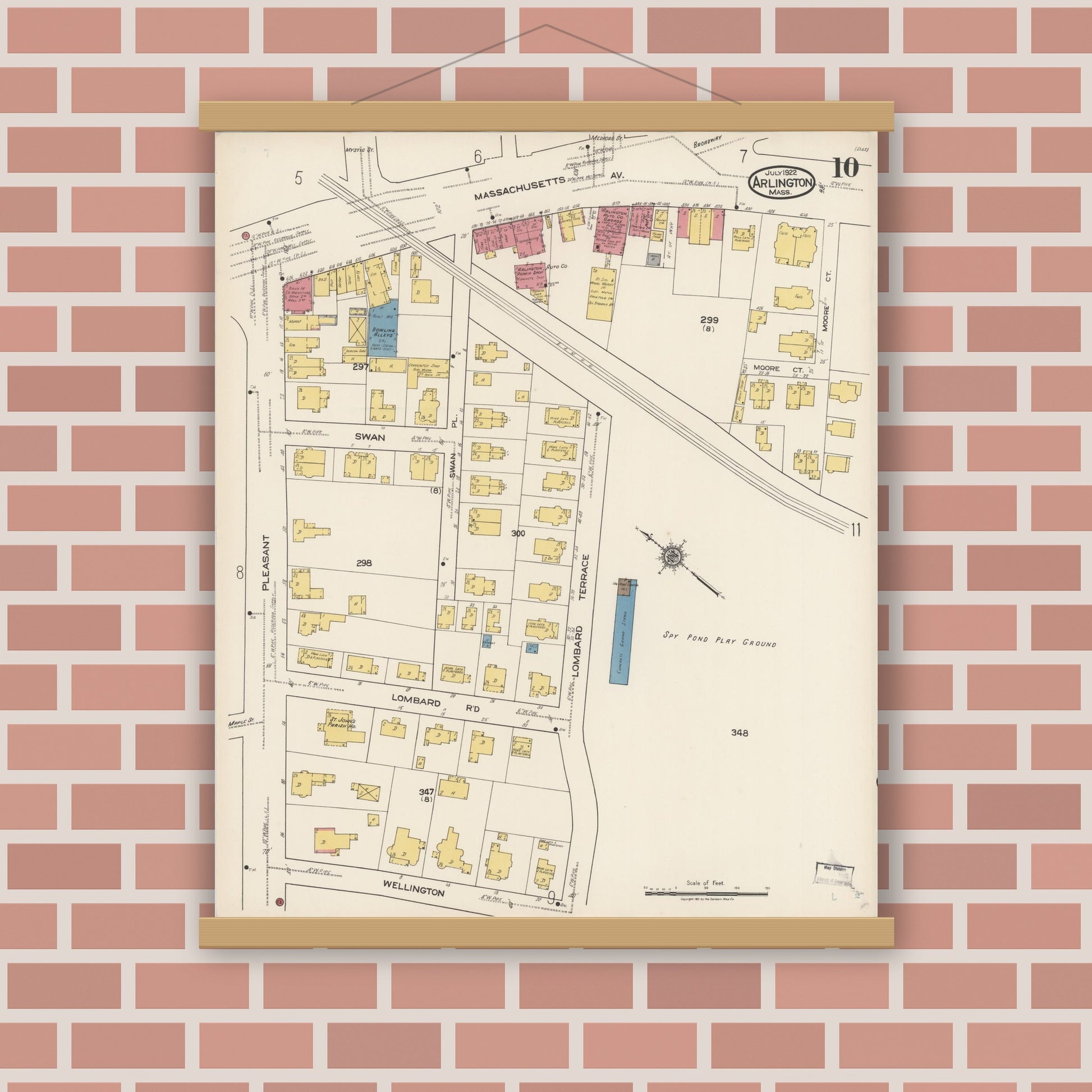Old map wall art mockup — magnetic wood frame on brick wall — Sanborn Fire Insurance Map from Arlington, Middlesex County, Massachusetts (1922), Sheet #0010