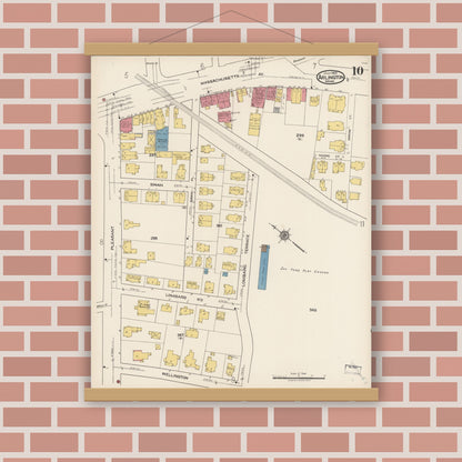 Old map wall art mockup — magnetic wood frame on brick wall — Sanborn Fire Insurance Map from Arlington, Middlesex County, Massachusetts (1922), Sheet #0010