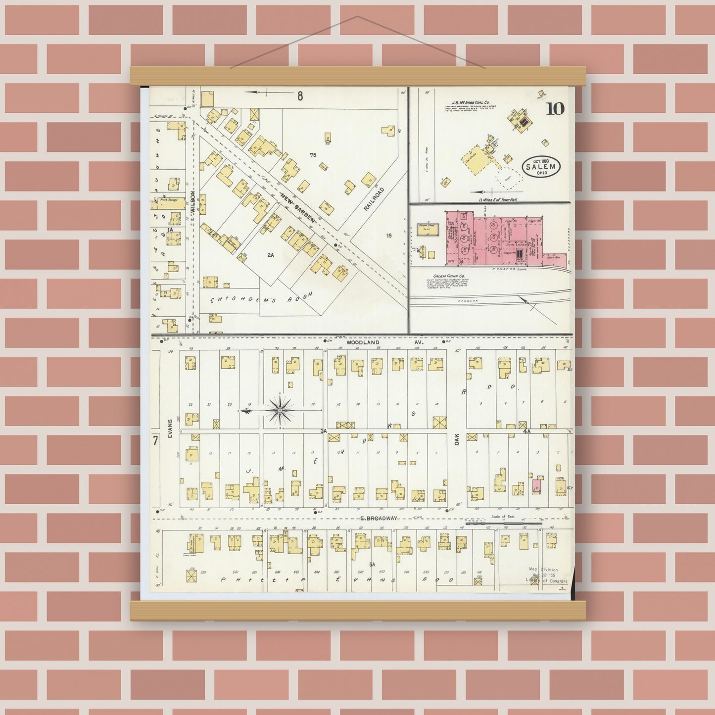 Old map wall art mockup — magnetic wood frame on brick wall — Sanborn Fire Insurance Map from Salem, Columbiana County, Ohio (1903), Sheet #0010