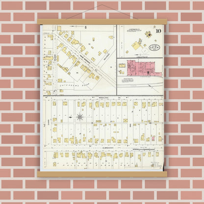 Old map wall art mockup — magnetic wood frame on brick wall — Sanborn Fire Insurance Map from Salem, Columbiana County, Ohio (1903), Sheet #0010