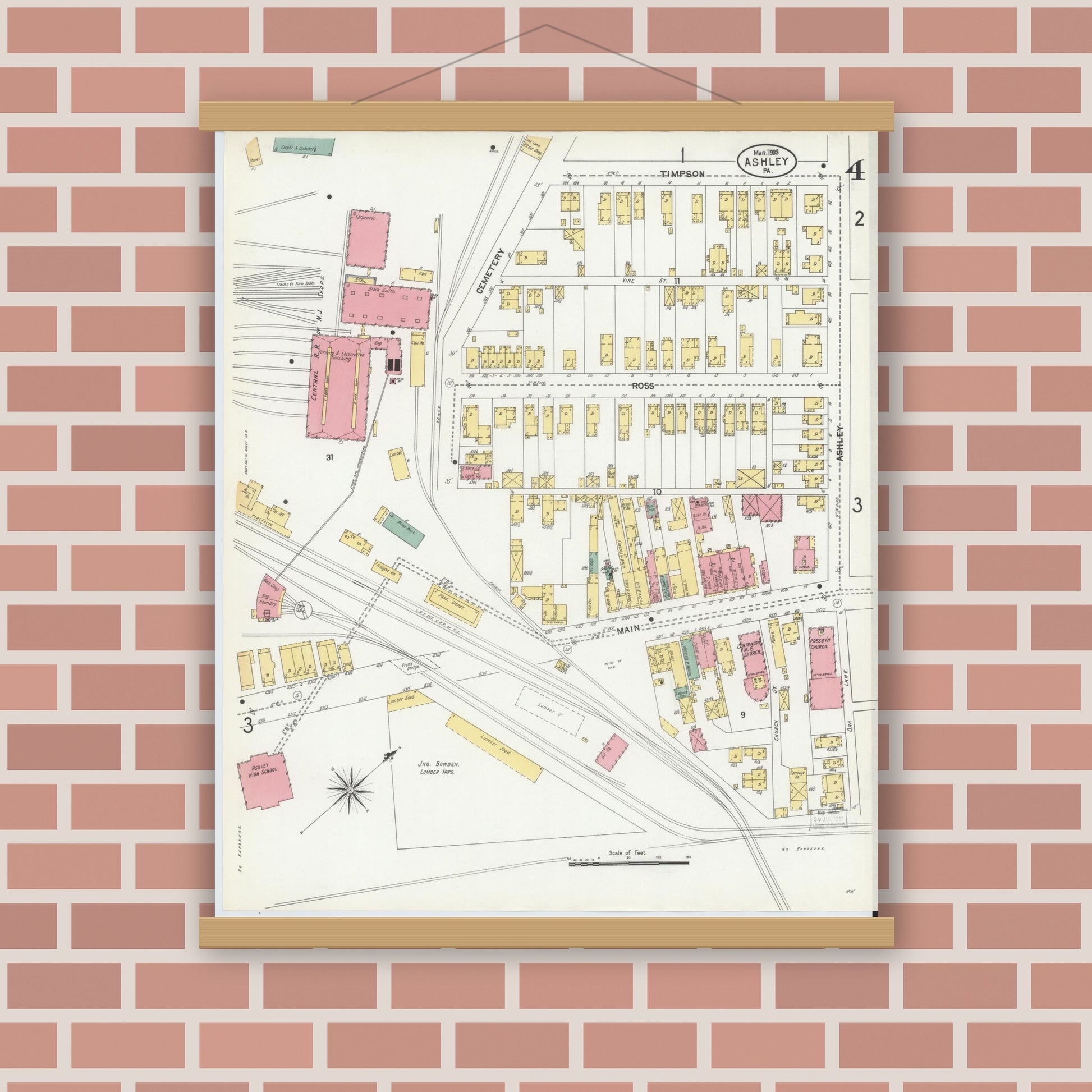 Old map wall art mockup — magnetic wood frame on brick wall — Sanborn Fire Insurance Map from Ashley, Luzerne County, Pennsylvania (1903), Sheet #0004