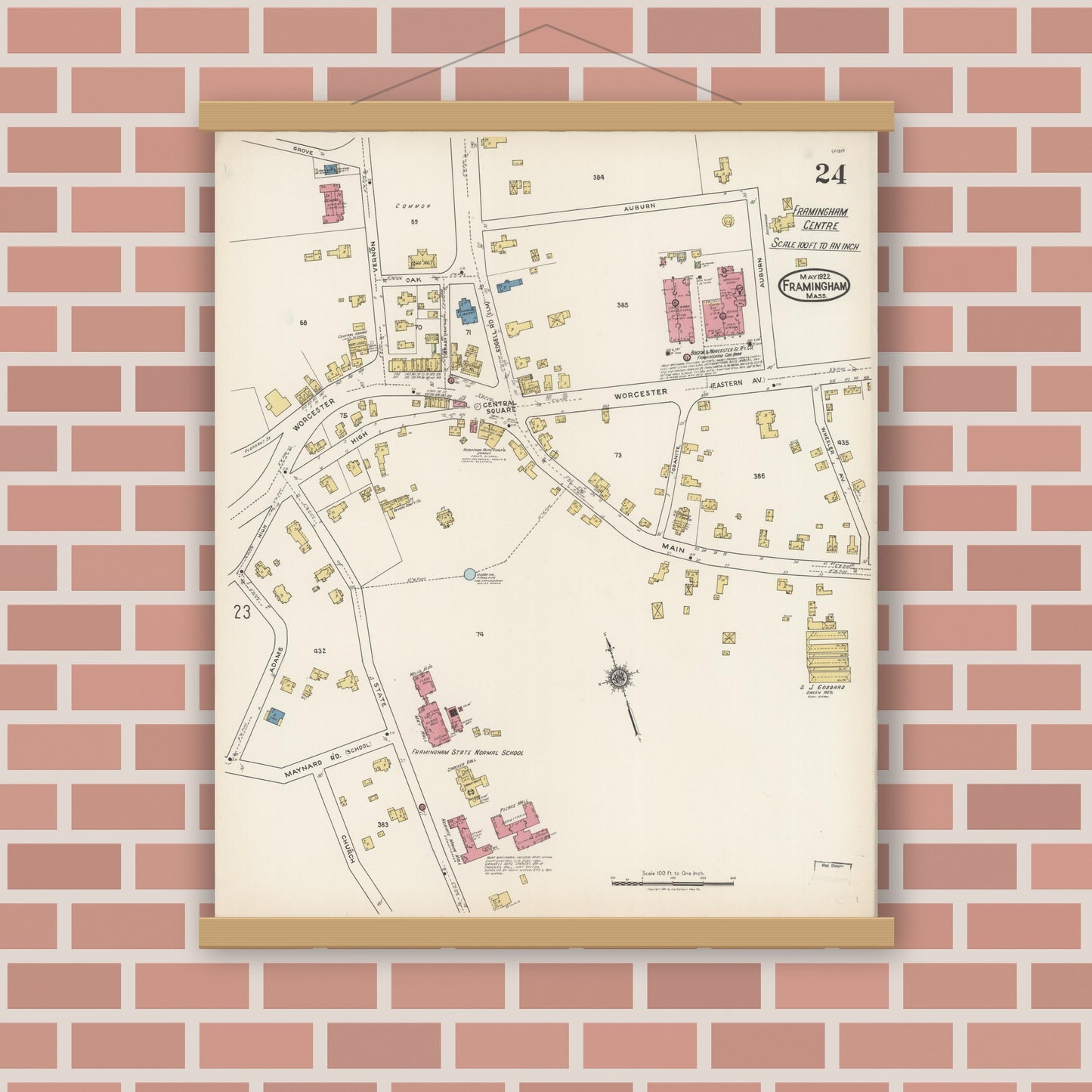 Old map wall art mockup — magnetic wood frame on brick wall — Sanborn Fire Insurance Map from Framingham, Middlesex County, Massachusetts (1922), Sheet #0024