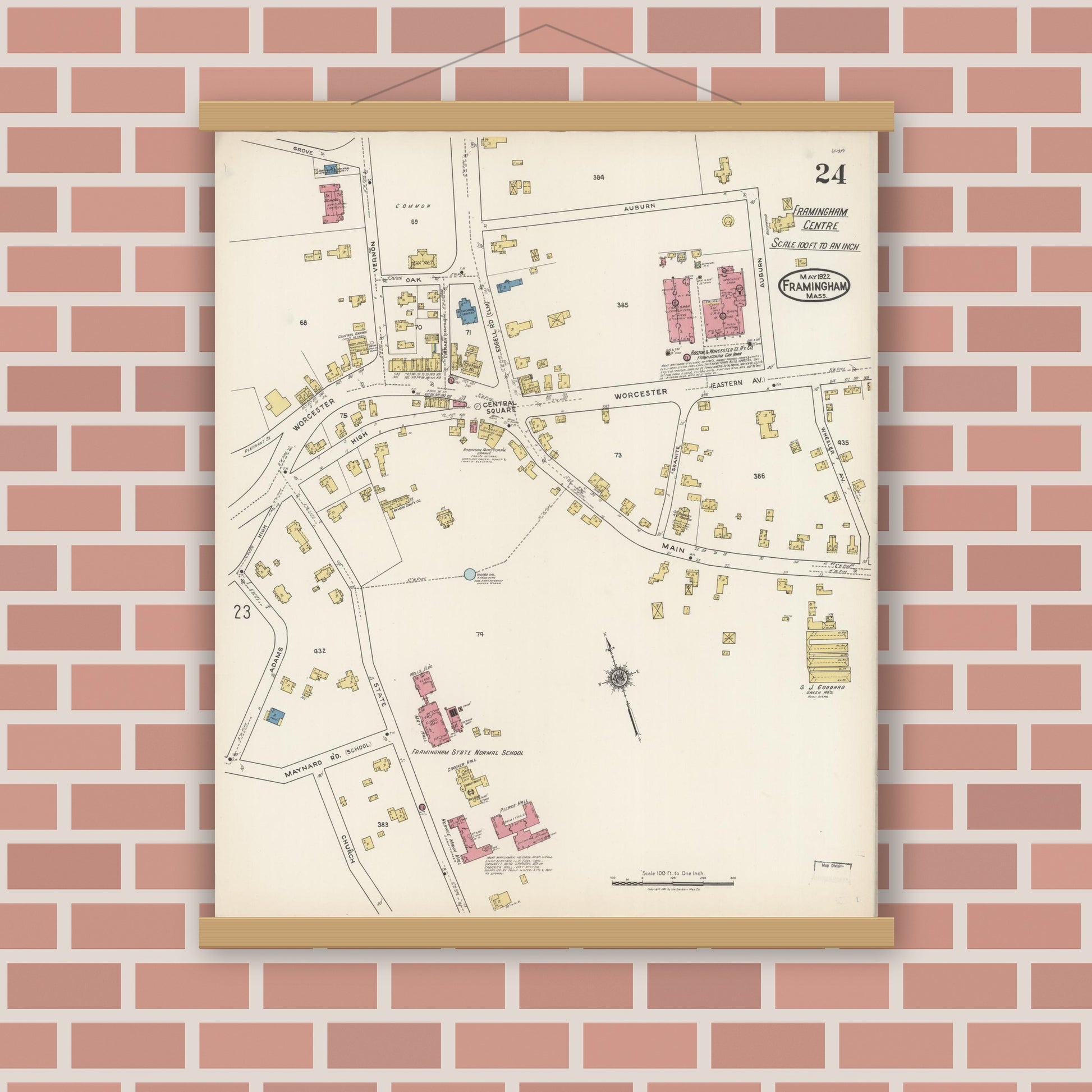 Old map wall art mockup — magnetic wood frame on brick wall — Sanborn Fire Insurance Map from Framingham, Middlesex County, Massachusetts (1922), Sheet #0024