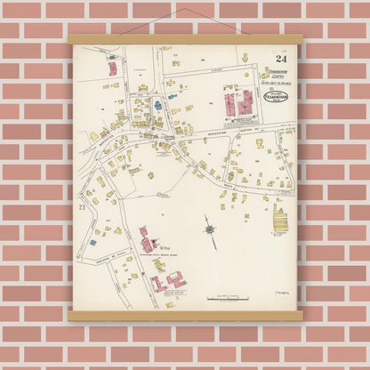 Old map wall art mockup — magnetic wood frame on brick wall — Sanborn Fire Insurance Map from Framingham, Middlesex County, Massachusetts (1922), Sheet #0024