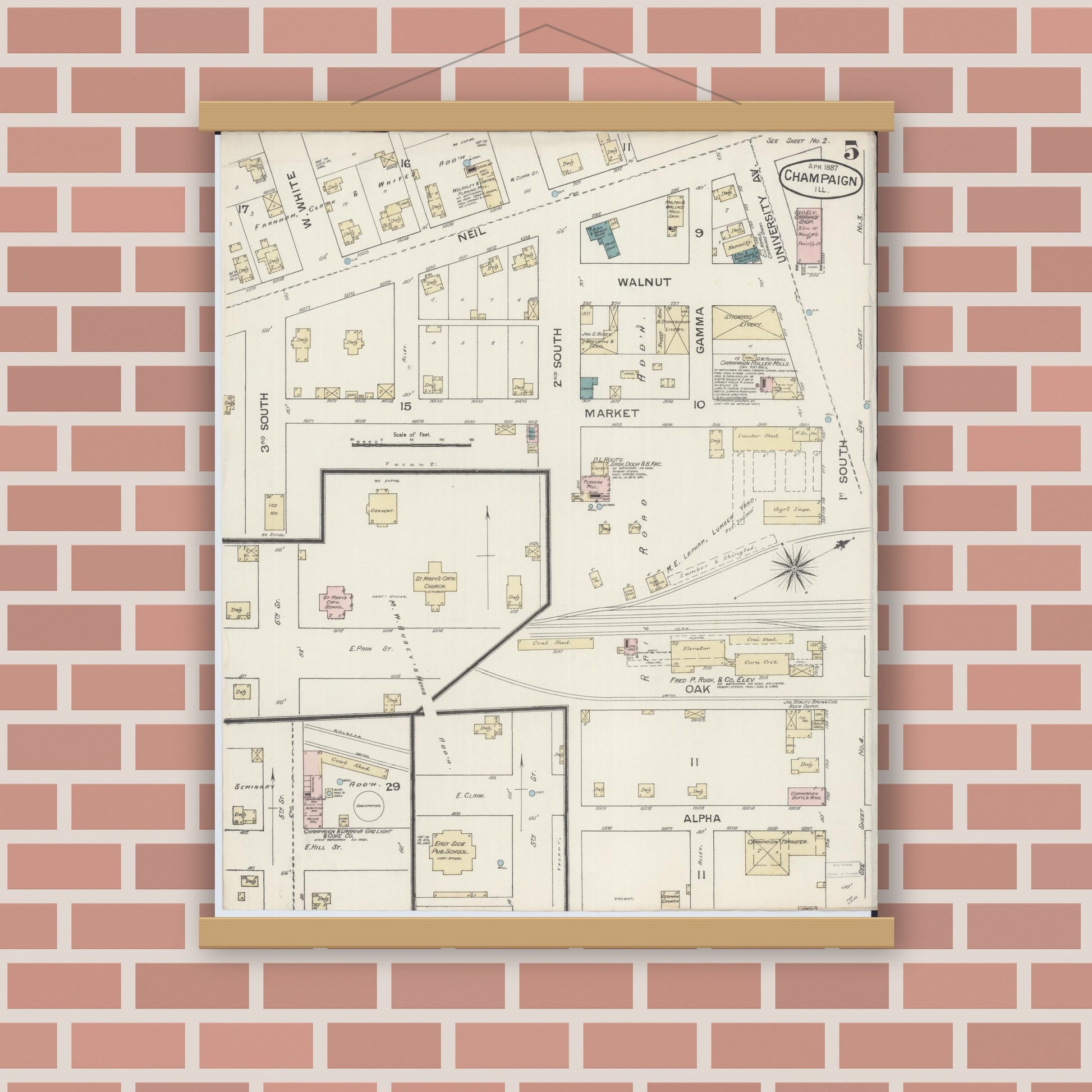 Old map wall art mockup — magnetic wood frame on brick wall — Sanborn Fire Insurance Map from Champaign, Champaign County, Illinois (1887), Sheet #0005