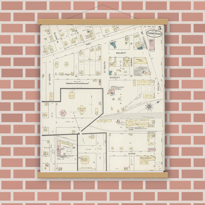Old map wall art mockup — magnetic wood frame on brick wall — Sanborn Fire Insurance Map from Champaign, Champaign County, Illinois (1887), Sheet #0005
