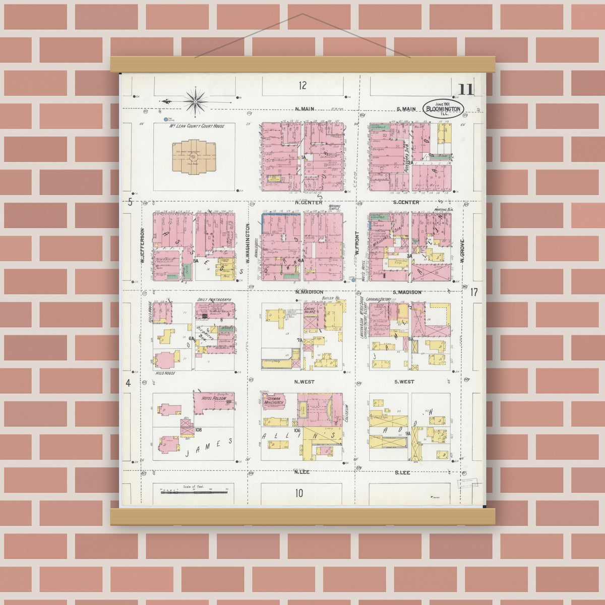 Old map wall art mockup — magnetic wood frame on brick wall — Sanborn Fire Insurance Map from Bloomington, McLean County, Illinois (1901), Sheet #0011