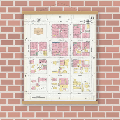Old map wall art mockup — magnetic wood frame on brick wall — Sanborn Fire Insurance Map from Bloomington, McLean County, Illinois (1901), Sheet #0011