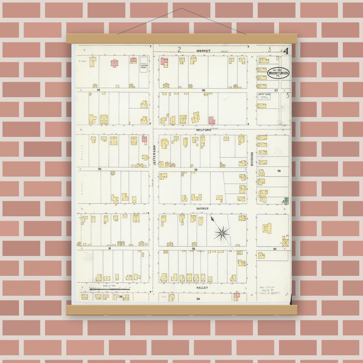 Old map wall art mockup — magnetic wood frame on brick wall — Sanborn Fire Insurance Map from Mount Union, Huntingdon County, Pennsylvania (1904), Sheet #0004