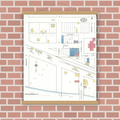 Old map wall art mockup — magnetic wood frame on brick wall — Sanborn Fire Insurance Map from Llano, Llano County, Texas (1921), Sheet #0004