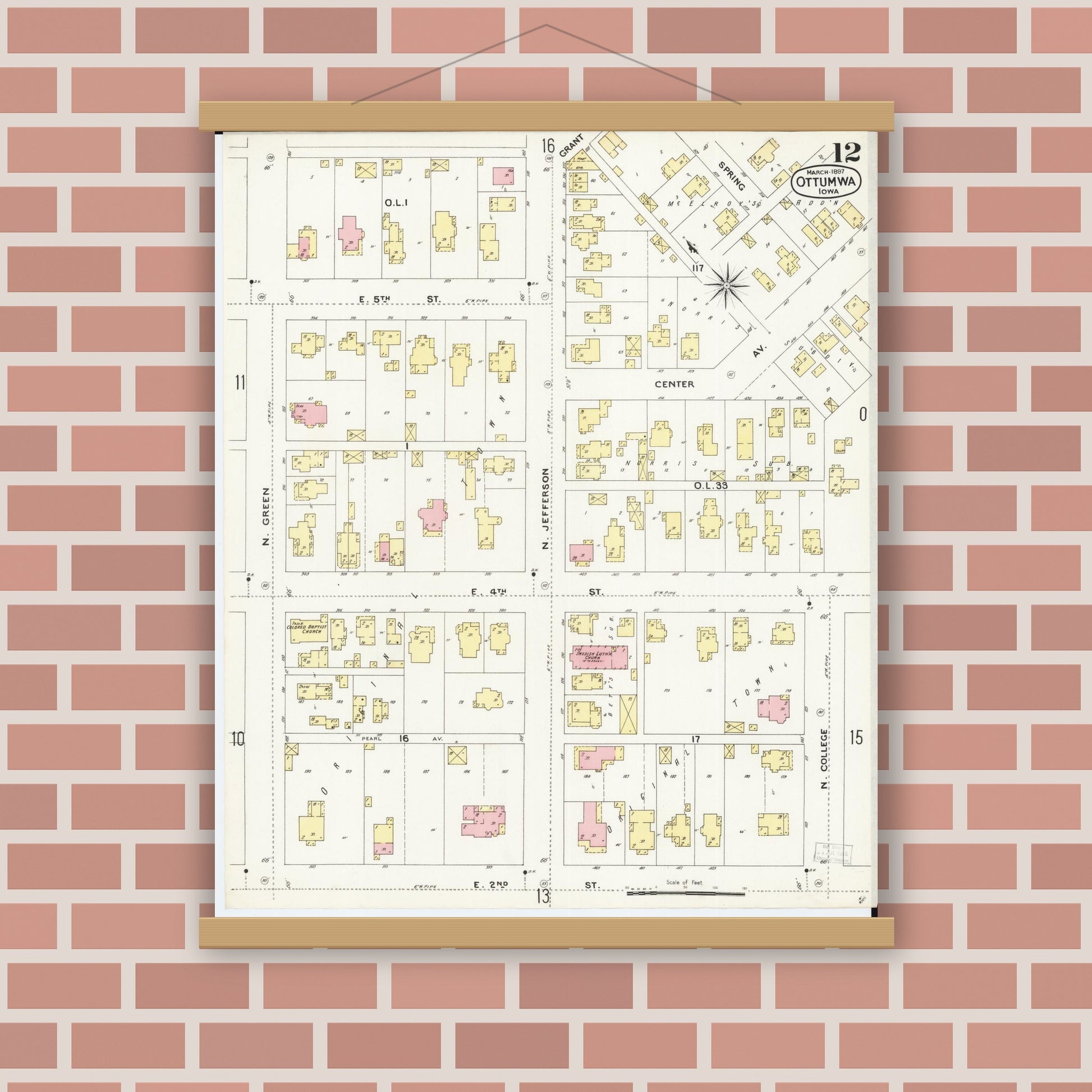 Old map wall art mockup — magnetic wood frame on brick wall — Sanborn Fire Insurance Map from Ottumwa, Wapello County, Iowa (1897), Sheet #0012