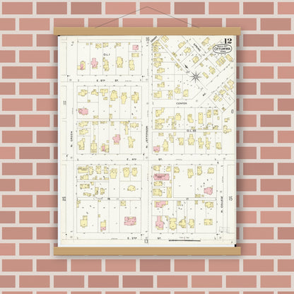 Old map wall art mockup — magnetic wood frame on brick wall — Sanborn Fire Insurance Map from Ottumwa, Wapello County, Iowa (1897), Sheet #0012
