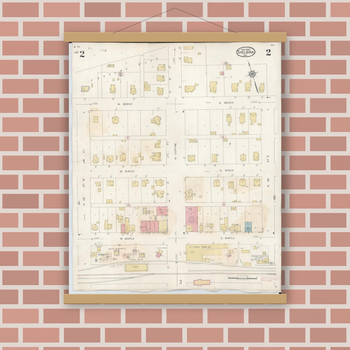 Old map wall art mockup — magnetic wood frame on brick wall — Sanborn Fire Insurance Map from Shelbina, Shelby County, Missouri (1943), Sheet #0002