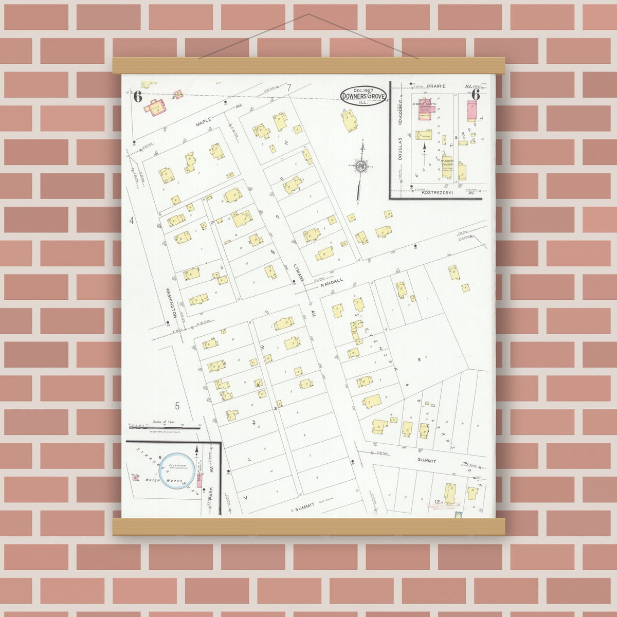 Old map wall art mockup — magnetic wood frame on brick wall — Sanborn Fire Insurance Map from Downers Grove, Dupage County, Illinois (1927), Sheet #0006