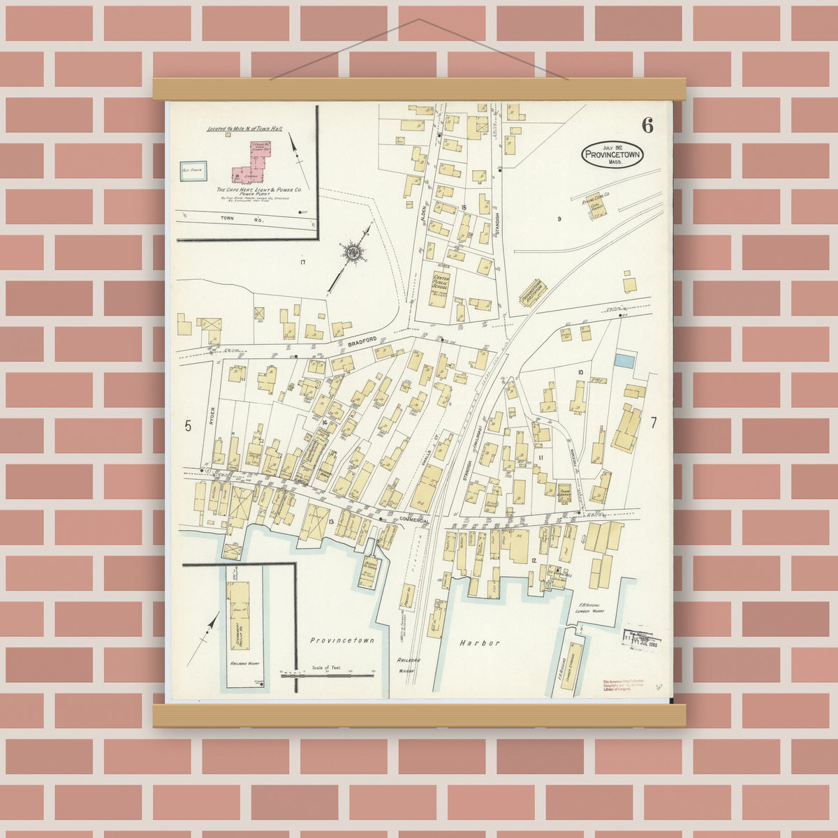Old map wall art mockup — magnetic wood frame on brick wall — Sanborn Fire Insurance Map from Provincetown, Barnstable County, Massachusetts (1912), Sheet #0006