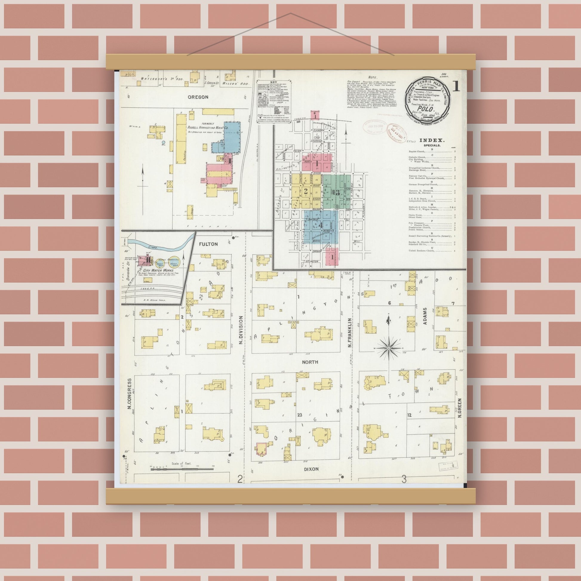 Old map wall art mockup — magnetic wood frame on brick wall — Sanborn Fire Insurance Map from Polo, Ogle County, Illinois (1899) - Complete Map Set