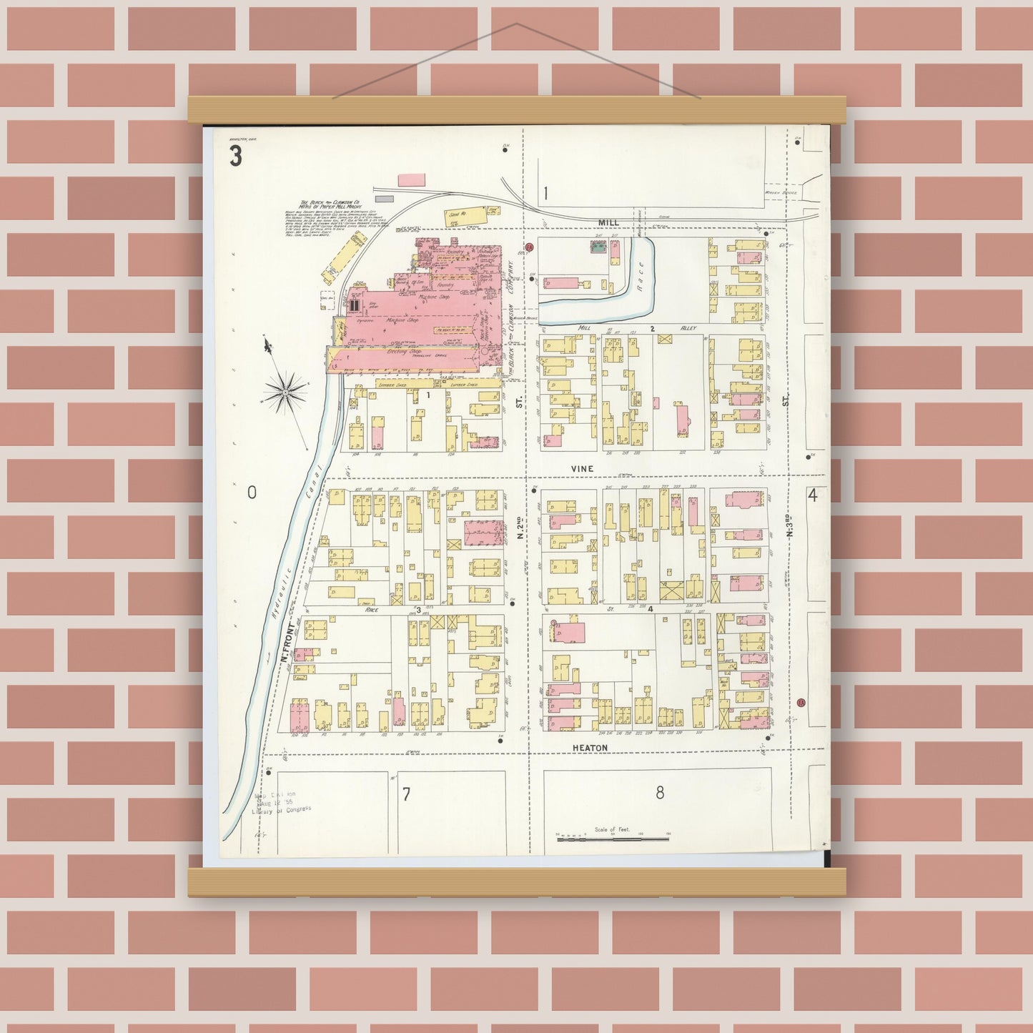 Old map wall art mockup — magnetic wood frame on brick wall — Sanborn Fire Insurance Map from Hamilton, Butler County, Ohio (1899), Sheet #0003