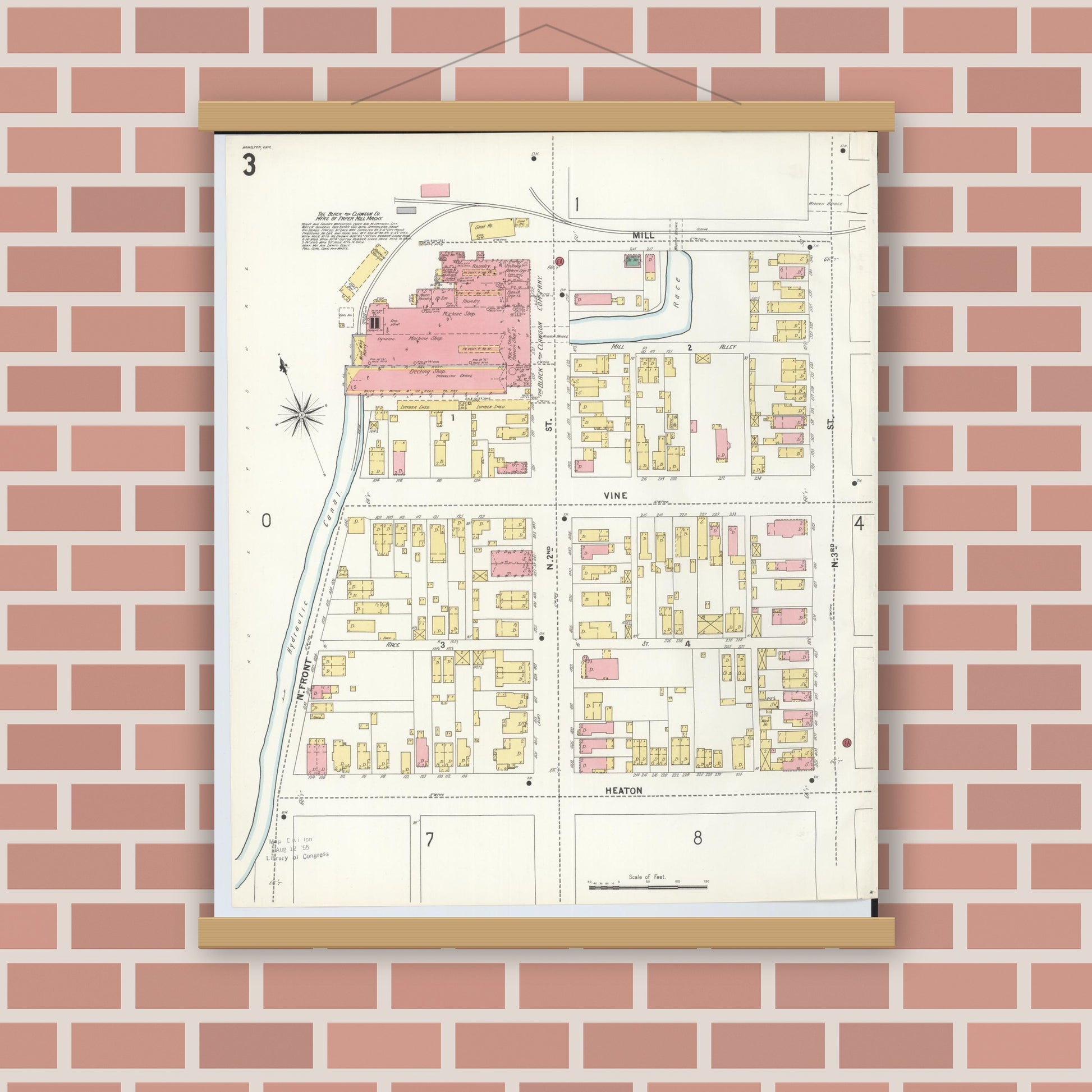 Old map wall art mockup — magnetic wood frame on brick wall — Sanborn Fire Insurance Map from Hamilton, Butler County, Ohio (1899), Sheet #0003
