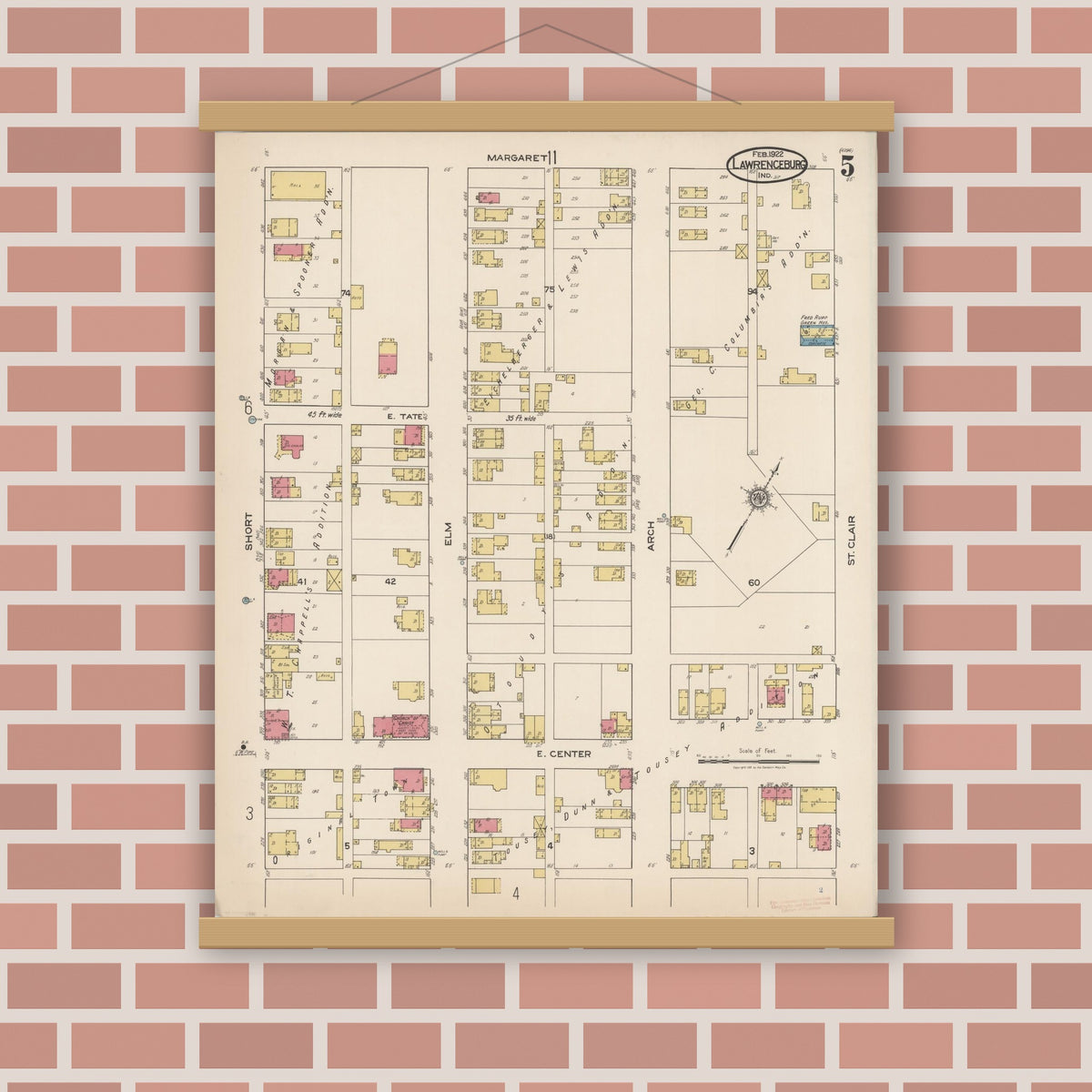 Old map wall art mockup — magnetic wood frame on brick wall — Sanborn Fire Insurance Map from Lawrenceburg, Dearborn County, Indiana (1922), Sheet #0005