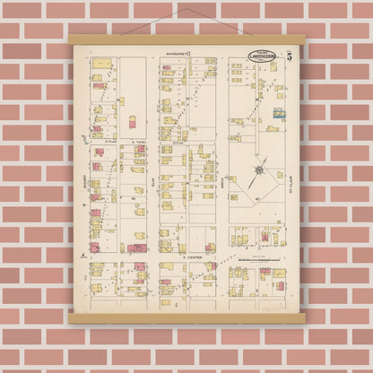 Old map wall art mockup — magnetic wood frame on brick wall — Sanborn Fire Insurance Map from Lawrenceburg, Dearborn County, Indiana (1922), Sheet #0005