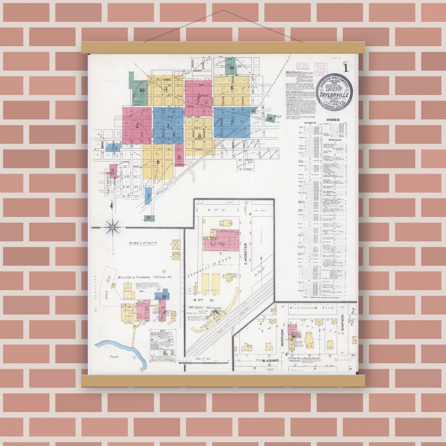 Old map wall art mockup — magnetic wood frame on brick wall — Sanborn Fire Insurance Map from Taylorville, Christian County, Illinois (1906) - Complete Map Set