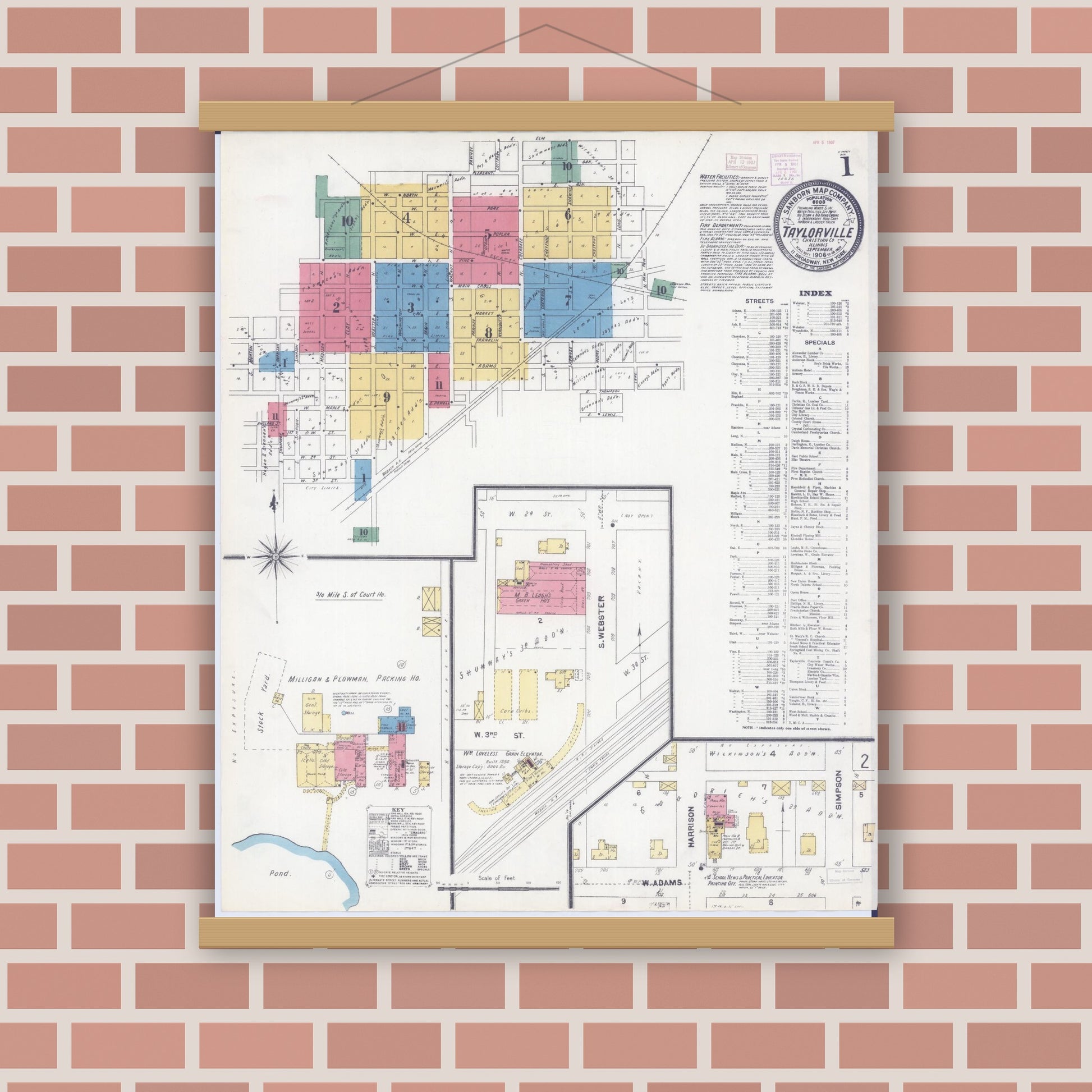 Old map wall art mockup — magnetic wood frame on brick wall — Sanborn Fire Insurance Map from Taylorville, Christian County, Illinois (1906) - Complete Map Set