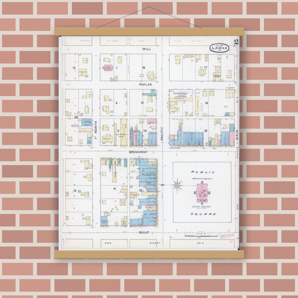 Old map wall art mockup — magnetic wood frame on brick wall — Sanborn Fire Insurance Map from Lamar, Barton County, Missouri (1891), Sheet #0002