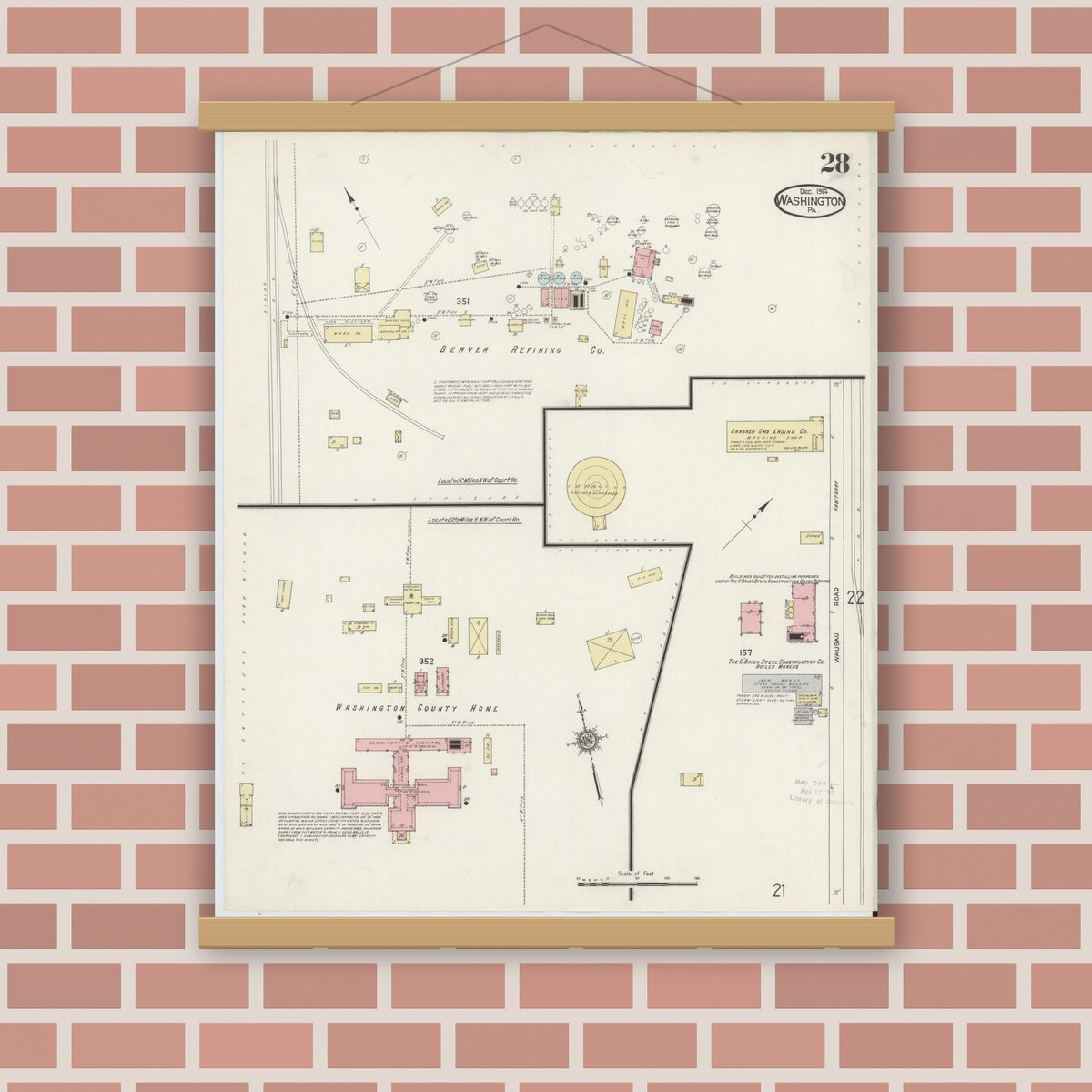 Old map wall art mockup — magnetic wood frame on brick wall — Sanborn Fire Insurance Map from Washington, Washington County, Pennsylvania (1914), Sheet #0028