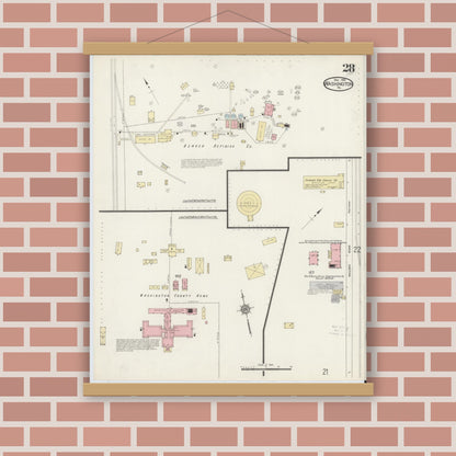 Old map wall art mockup — magnetic wood frame on brick wall — Sanborn Fire Insurance Map from Washington, Washington County, Pennsylvania (1914), Sheet #0028