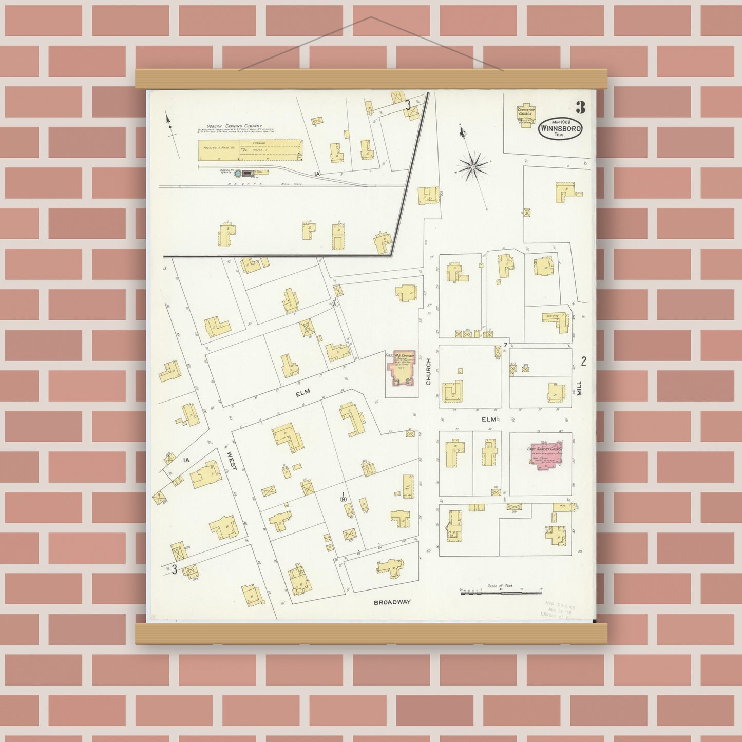 Old map wall art mockup — magnetic wood frame on brick wall — Sanborn Fire Insurance Map from Winnsboro, Wood County, Texas (1909), Sheet #0003